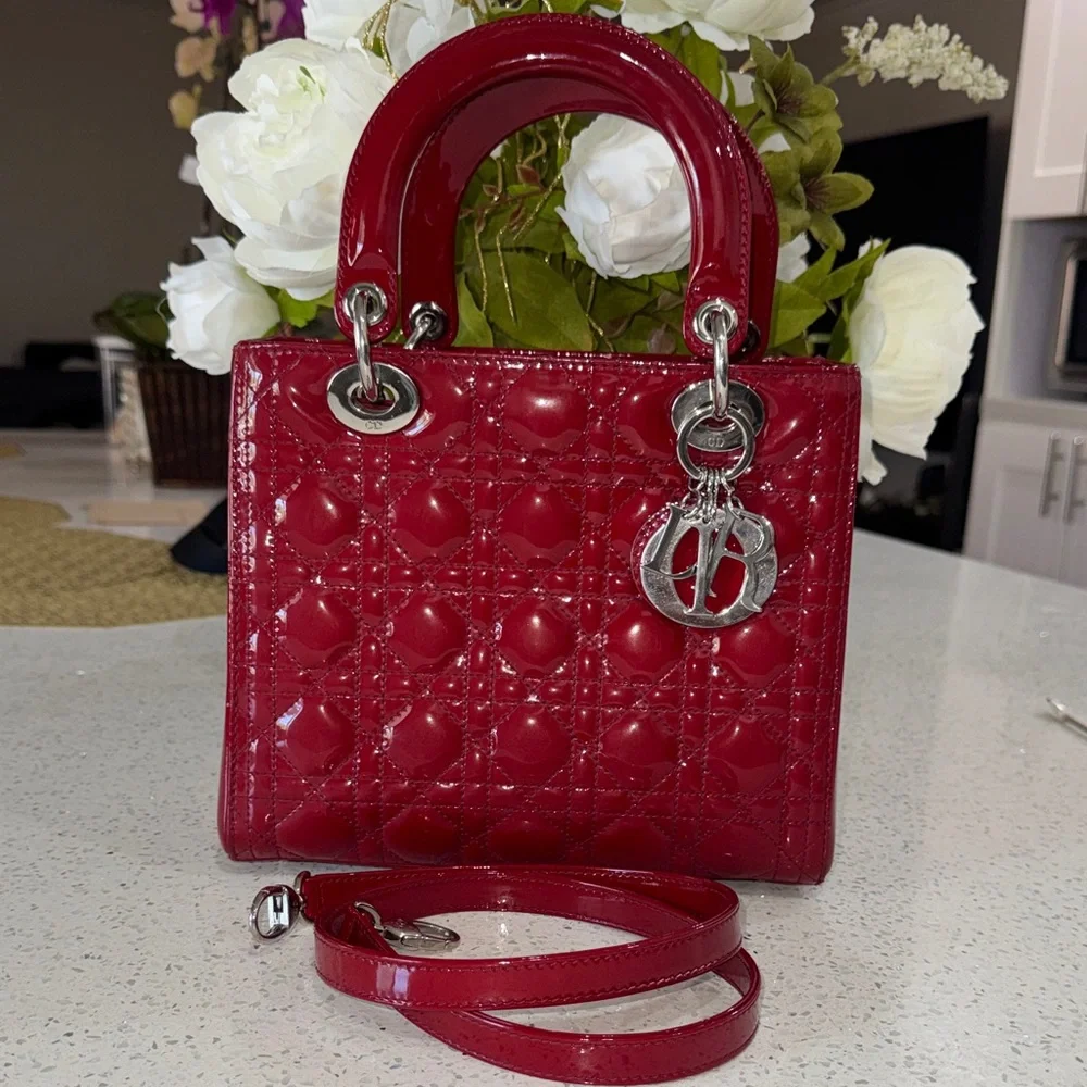 ❤️Dior Red Patent Quilted Lady Dior Satchel with Silver Hardware